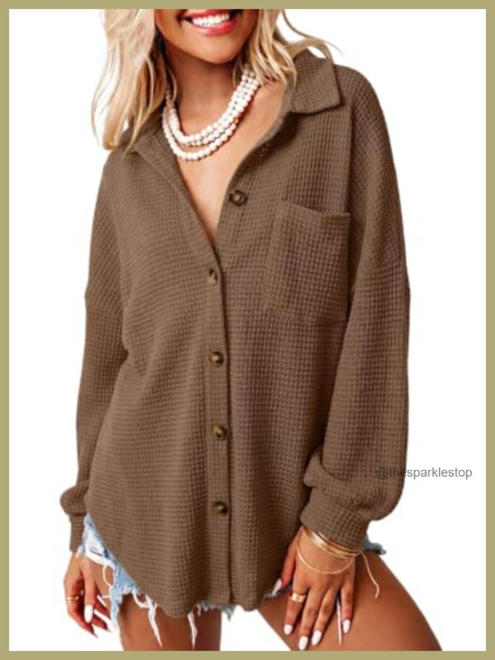 Waffle Knit Shacket Button Down Long Sleeve Boyfriend Shirt